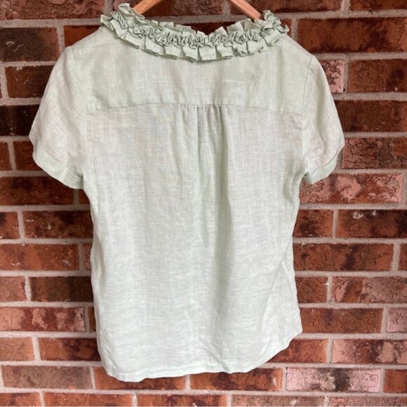Talbots Top Linen Ruffle Short Sleeve Green Solid Women's Size 6 Petite - Picture 9 of 10